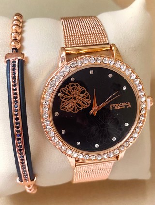 Ceas dama roze cu bratara metalica si cadran negru cu floare