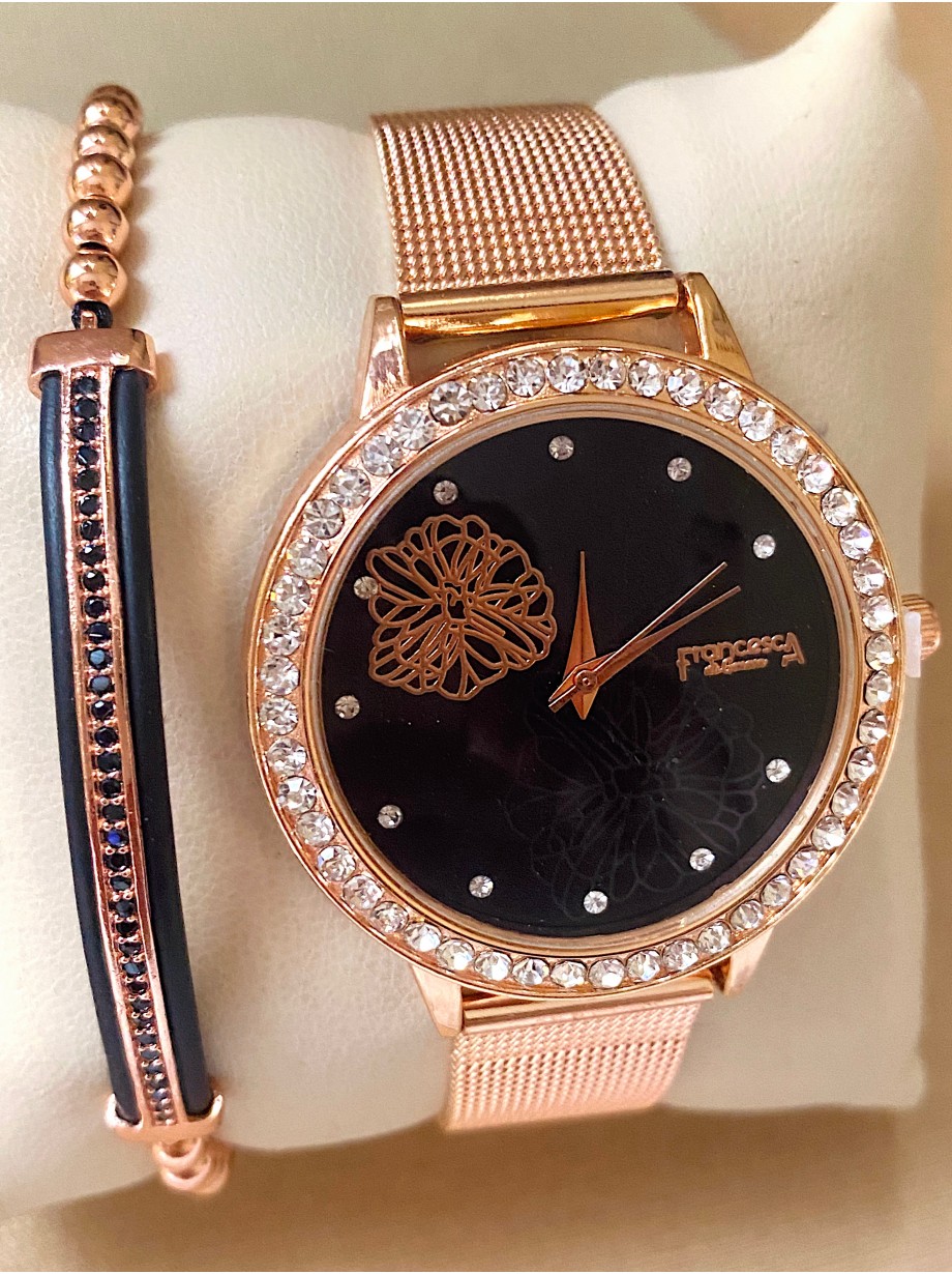 Ceas dama roze cu bratara metalica si cadran negru cu floare