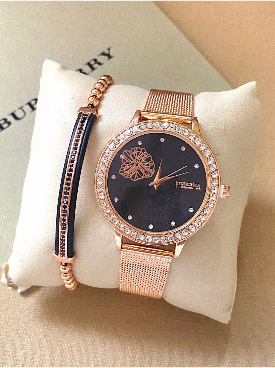 Ceas dama roze cu bratara metalica si cadran negru cu floare