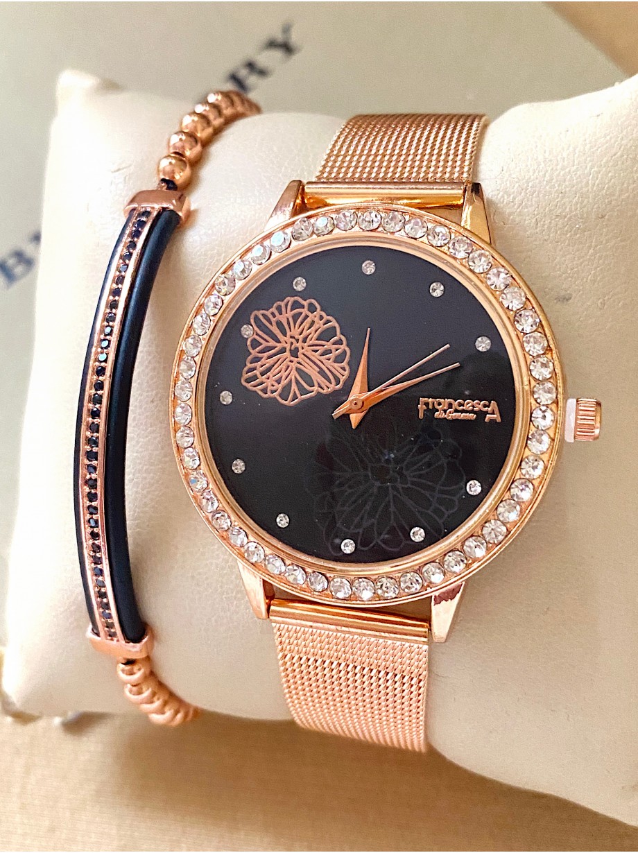 Ceas dama roze cu bratara metalica si cadran negru cu floare