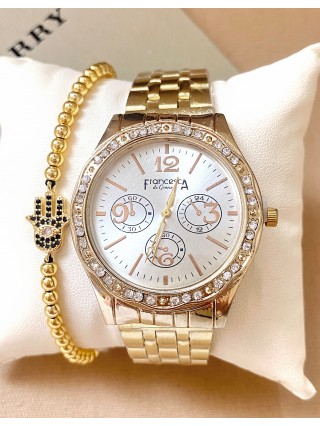 Ceas dama auriu cu bratara metalica si cadran simplu