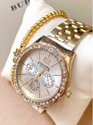 Ceas dama auriu cu bratara metalica si cadran simplu