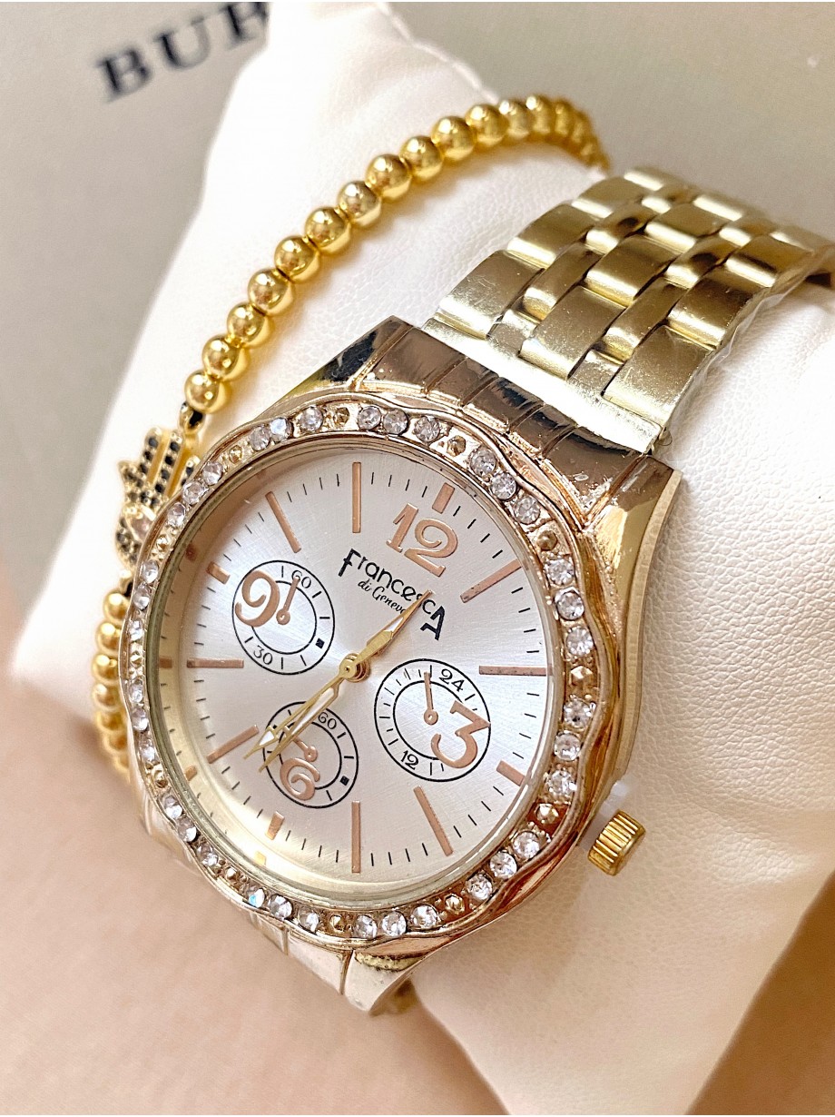 Ceas dama auriu cu bratara metalica si cadran simplu