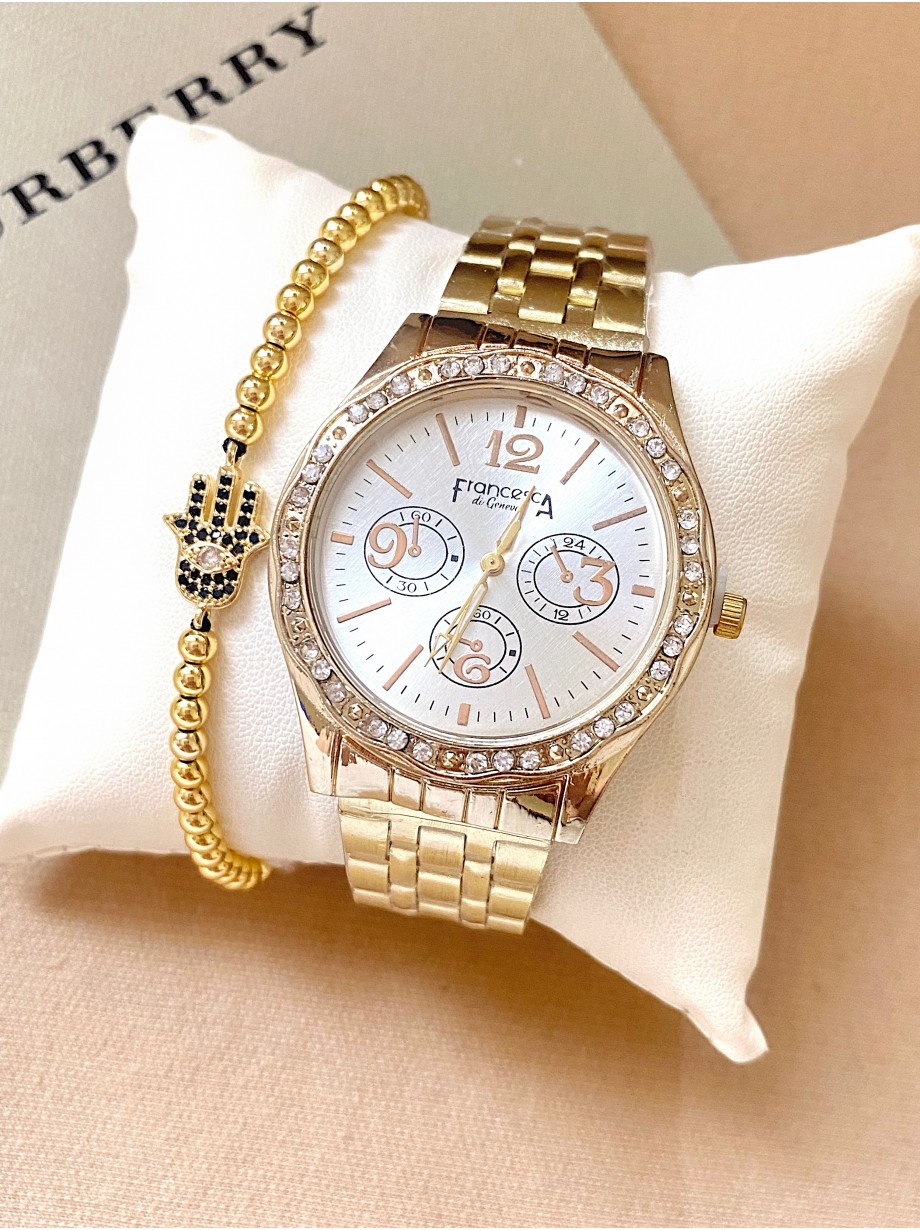 Ceas dama auriu cu bratara metalica si cadran simplu