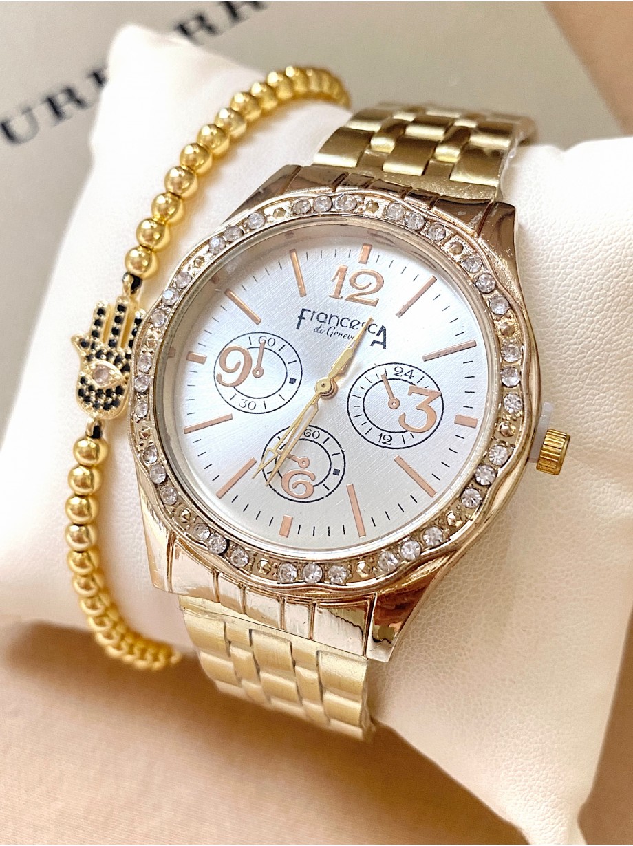 Ceas dama auriu cu bratara metalica si cadran simplu