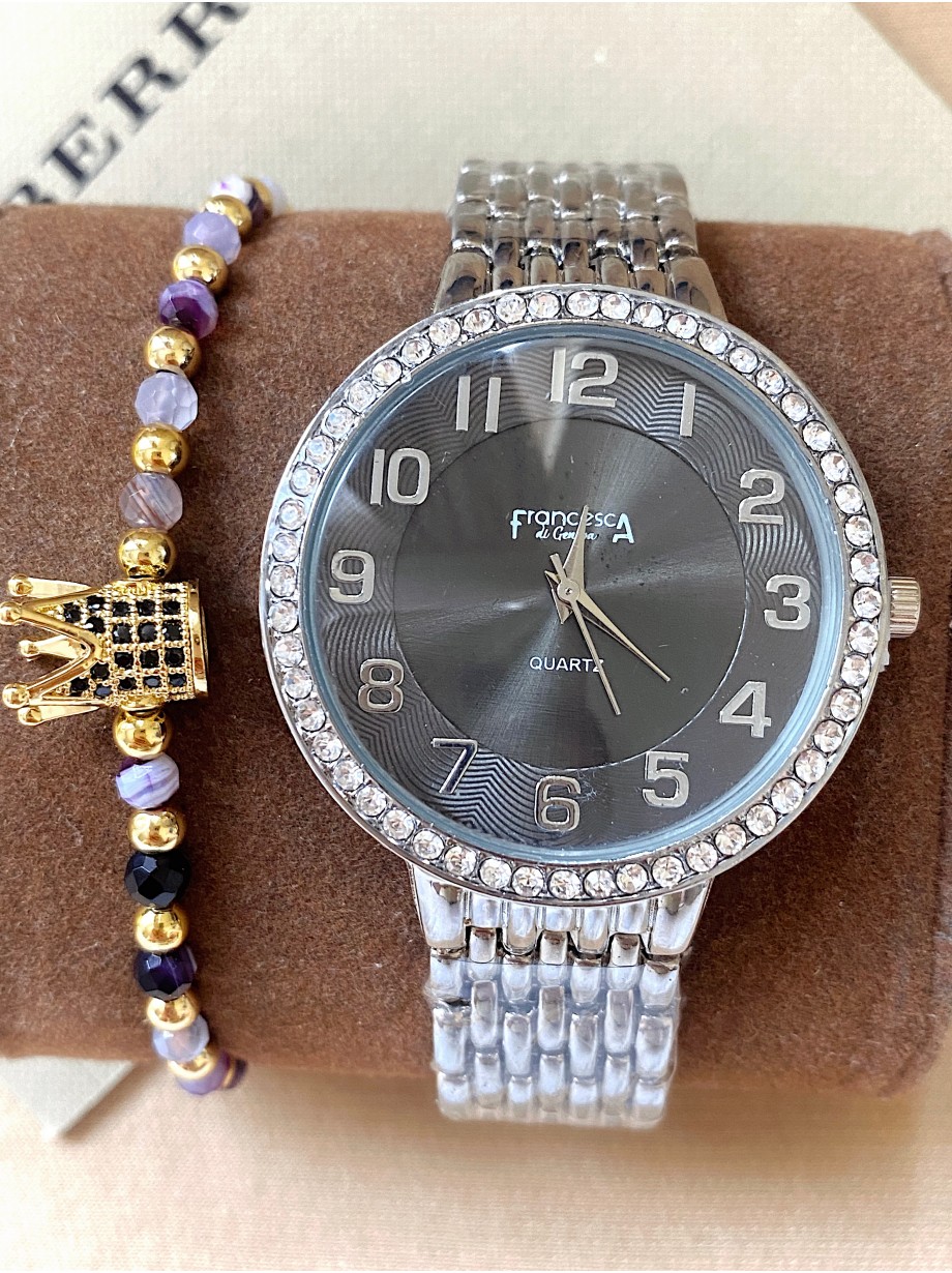 Ceas dama argintiu cu bratara metalica si cadran negru