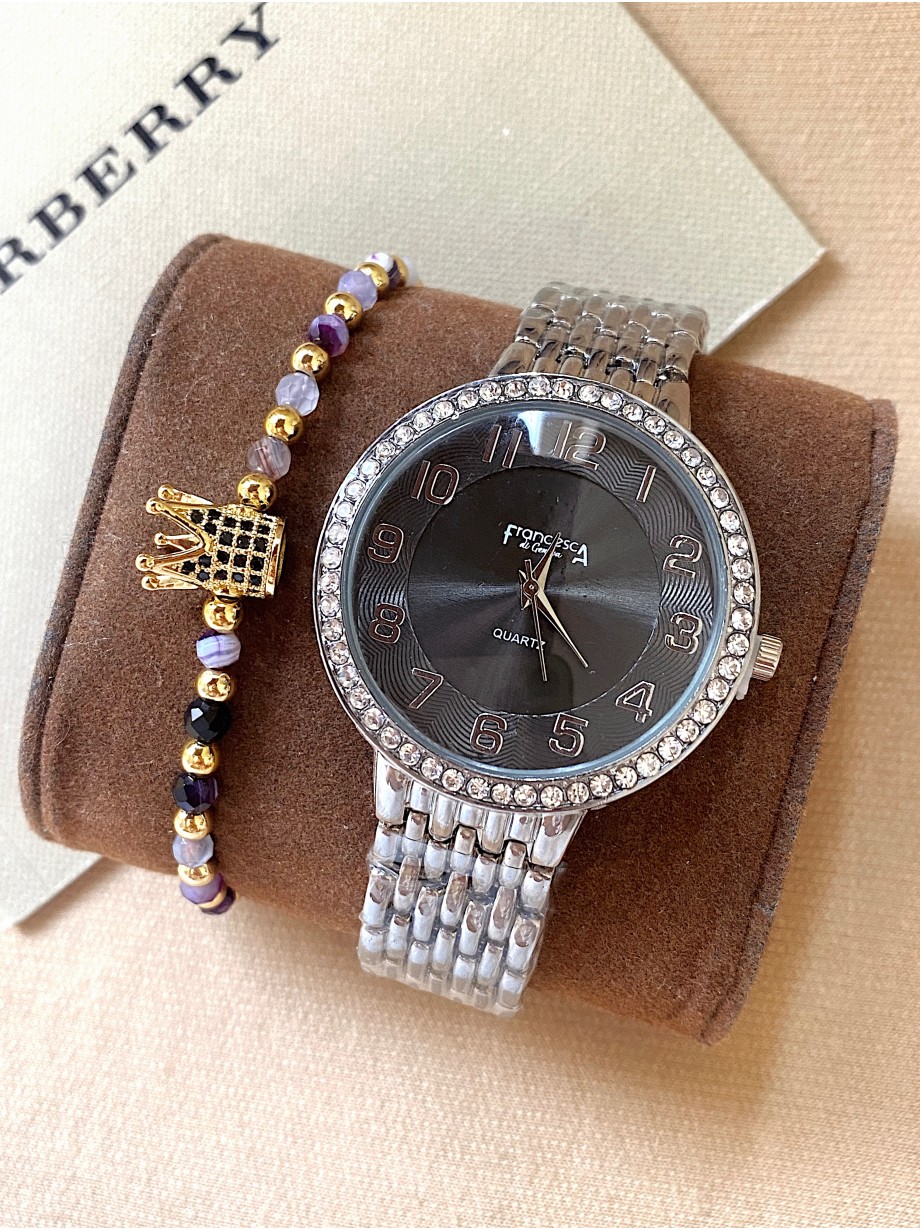 Ceas dama argintiu cu bratara metalica si cadran negru