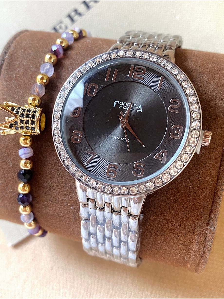 Ceas dama argintiu cu bratara metalica si cadran negru