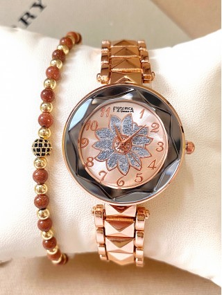 Ceas dama roze cu bratara metalica si cadran cu floare