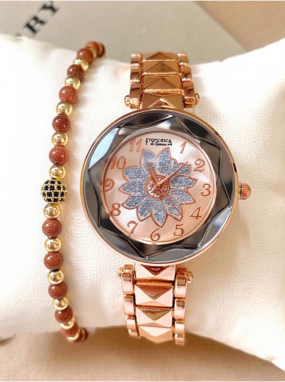 Ceas dama roze cu bratara metalica si cadran cu floare