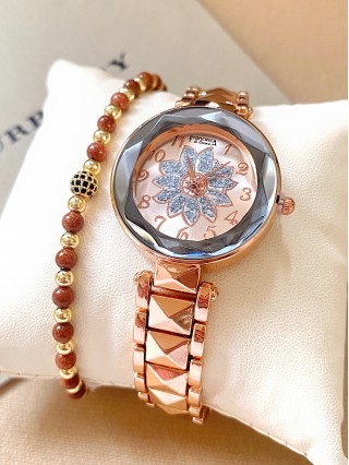 Ceas dama roze cu bratara metalica si cadran cu floare