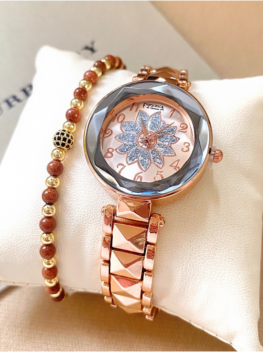 Ceas dama roze cu bratara metalica si cadran cu floare