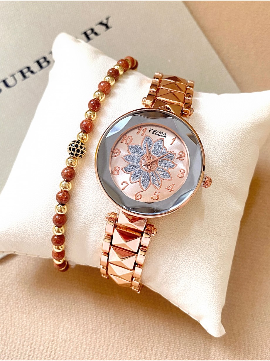 Ceas dama roze cu bratara metalica si cadran cu floare