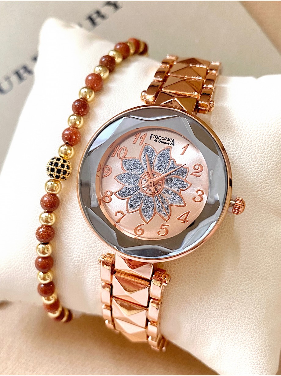 Ceas dama roze cu bratara metalica si cadran cu floare