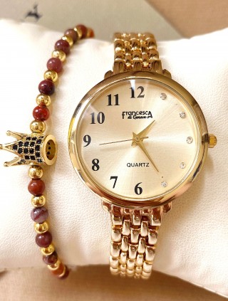 Ceas dama auriu cu bratara metalica si cadran cu cifre mici