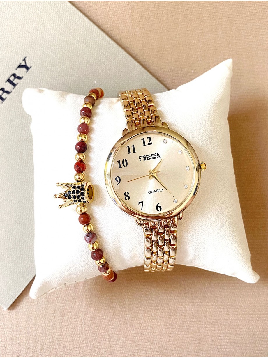 Ceas dama auriu cu bratara metalica si cadran cu cifre mici