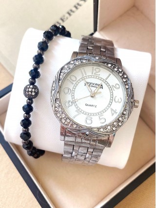 Ceas dama argintiu cu bratara metalica si cadran alb