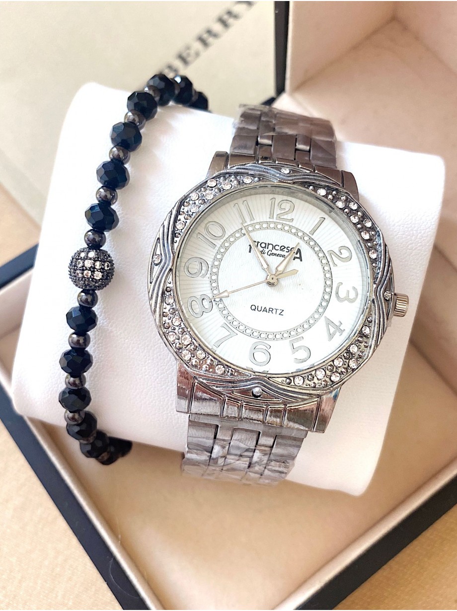 Ceas dama argintiu cu bratara metalica si cadran alb