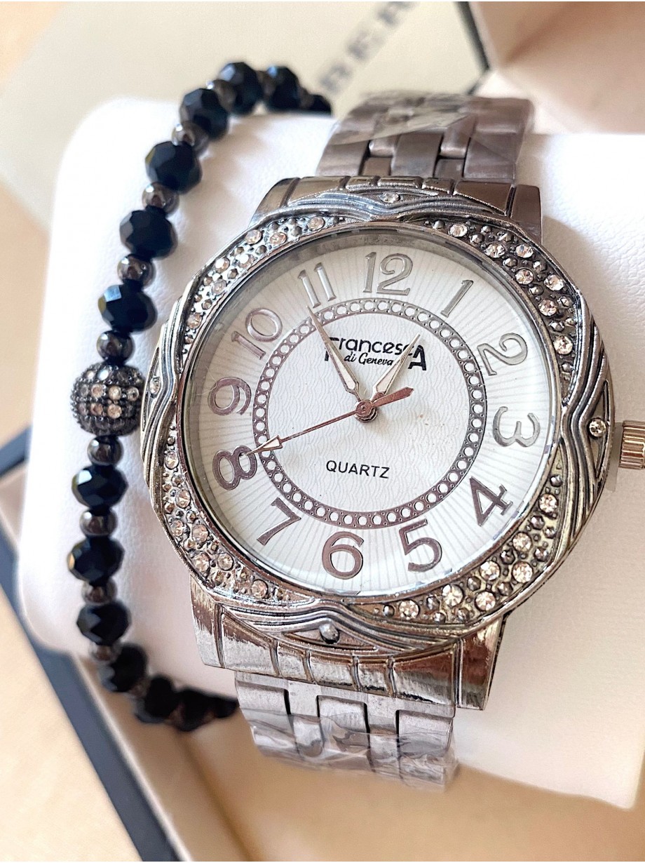 Ceas dama argintiu cu bratara metalica si cadran alb