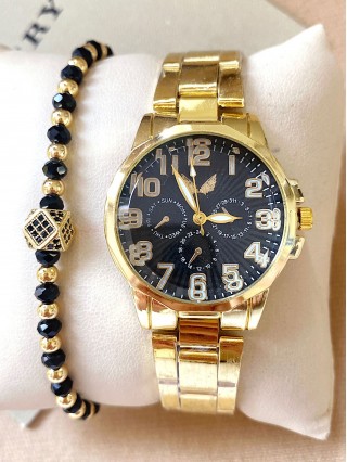 Ceas dama auriu cu bratara metalica si cadran negru