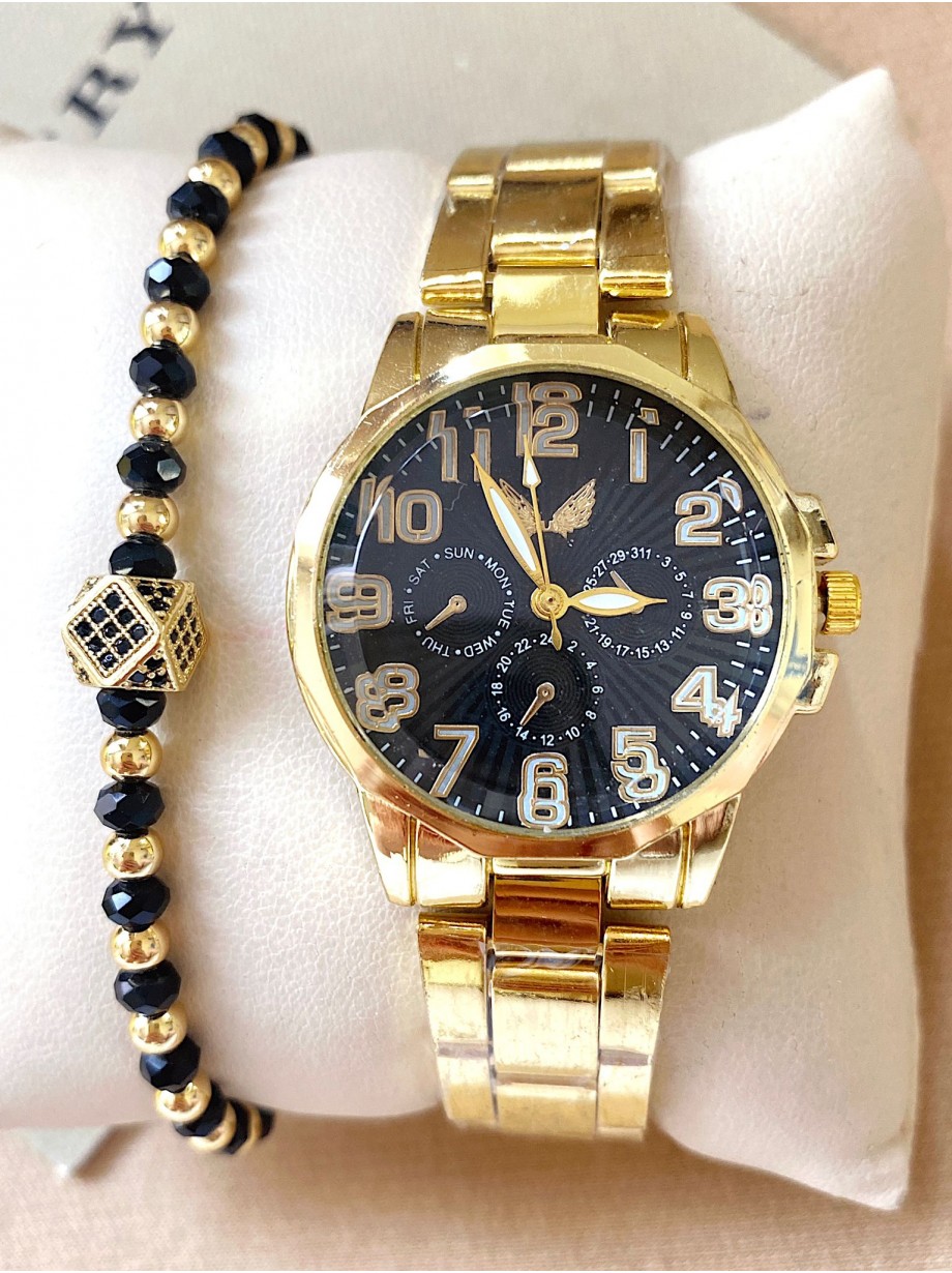 Ceas dama auriu cu bratara metalica si cadran negru