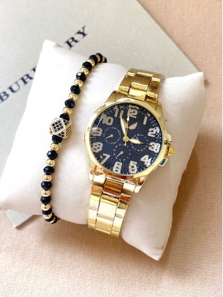 Ceas dama auriu cu bratara metalica si cadran negru