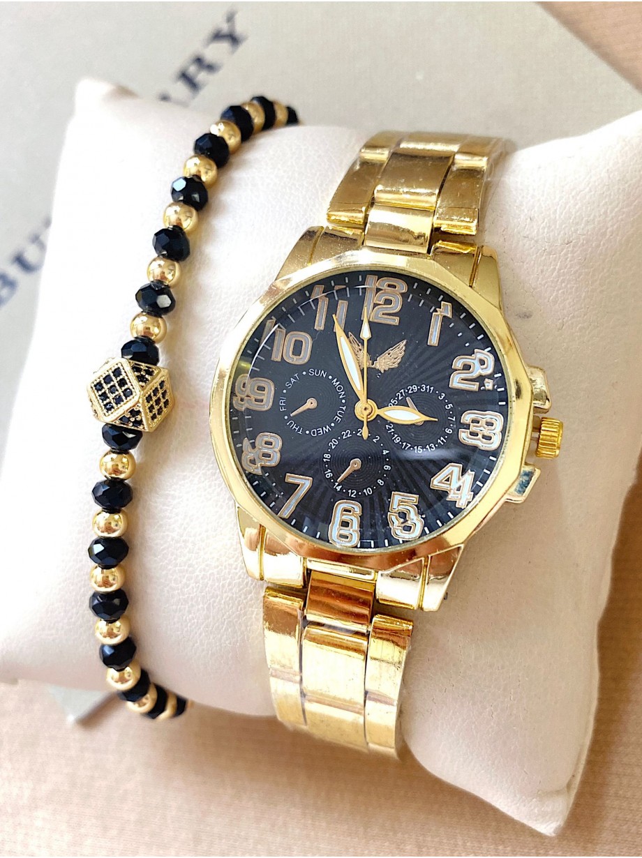 Ceas dama auriu cu bratara metalica si cadran negru