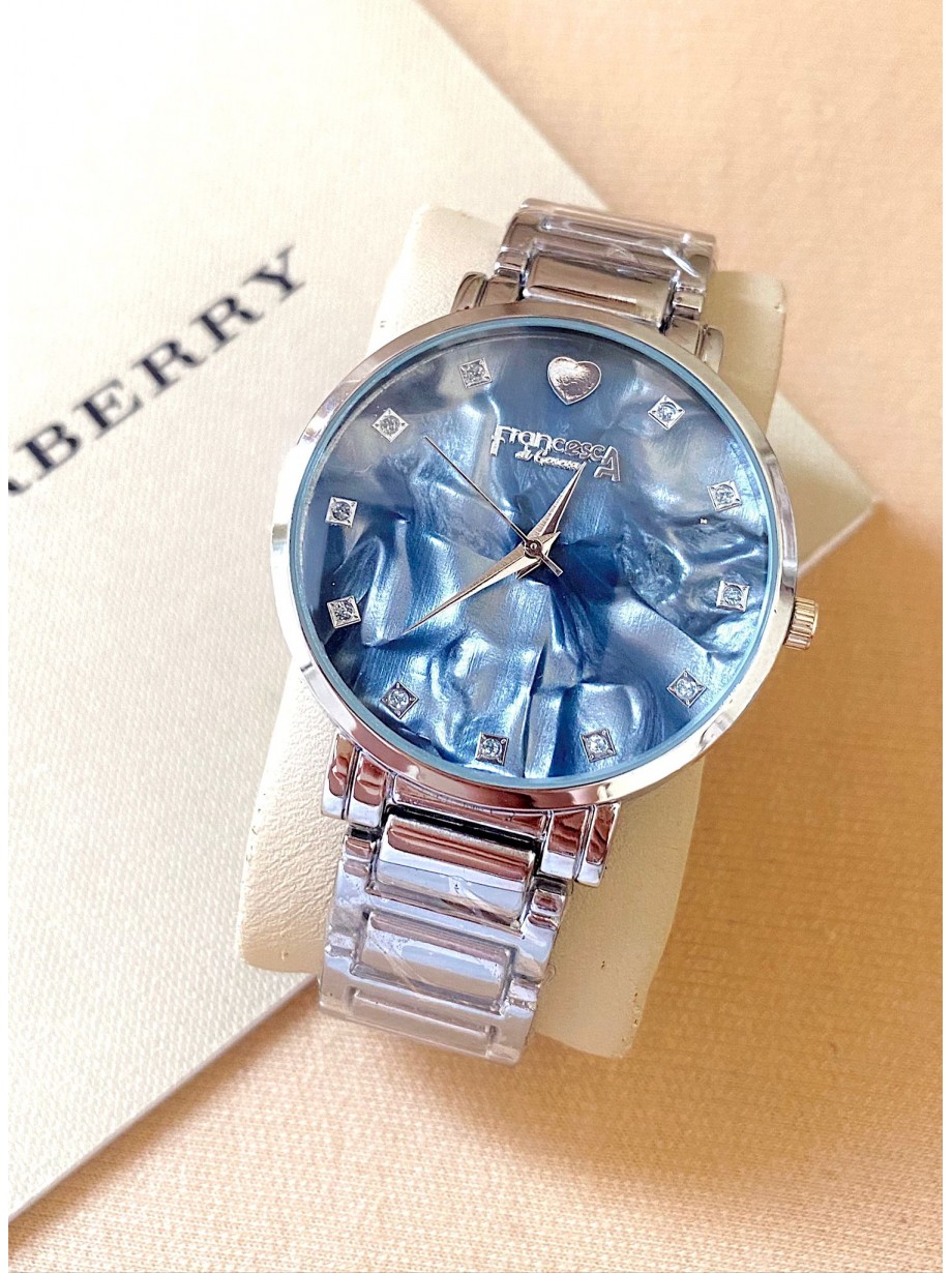 Ceas unisex argintiu cu bratara metalica si cadran albastru