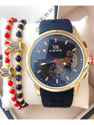 Ceas barbat negru cu bratara din piele ecologica si cadran negru