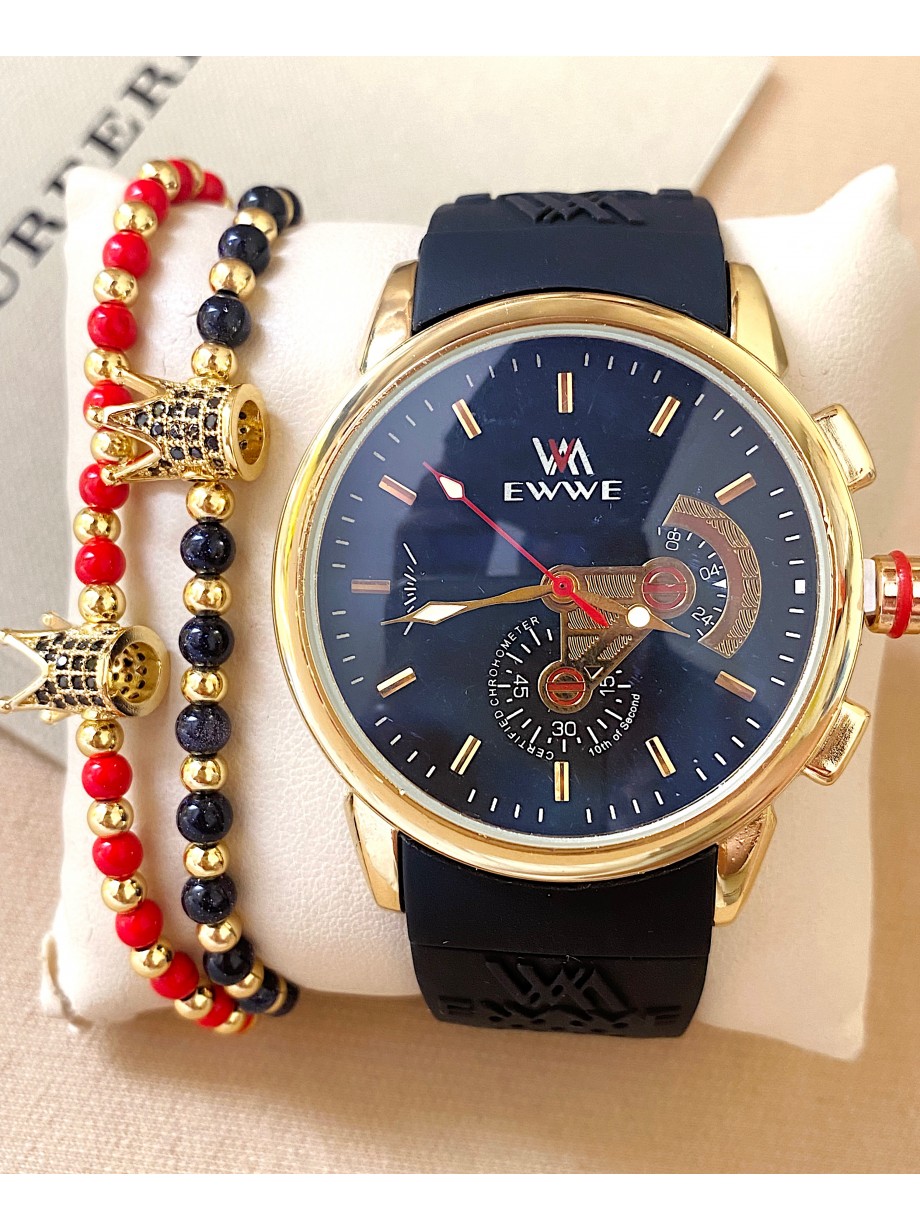 Ceas barbat negru cu bratara din piele ecologica si cadran negru