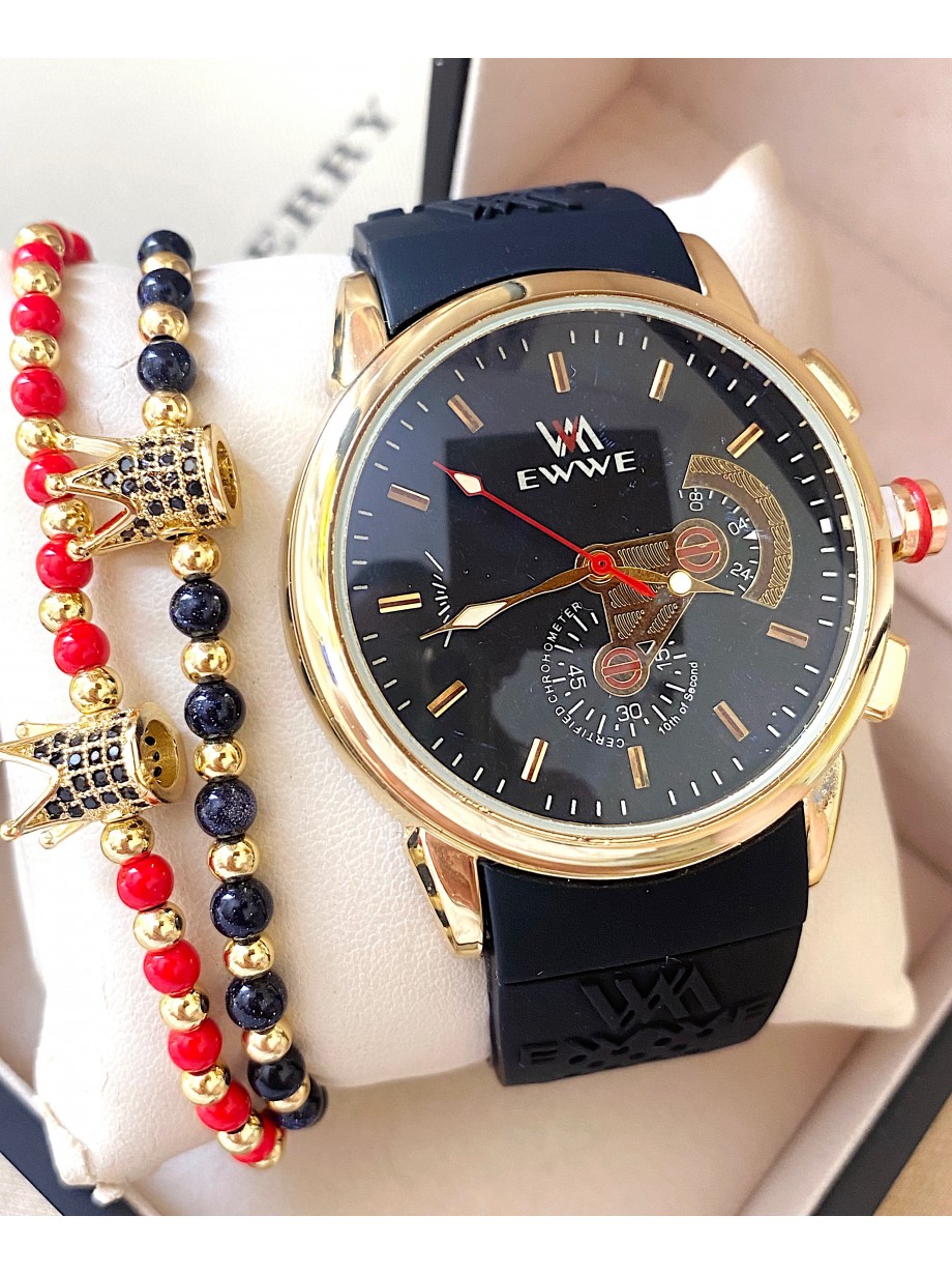 Ceas barbat negru cu bratara din piele ecologica si cadran negru