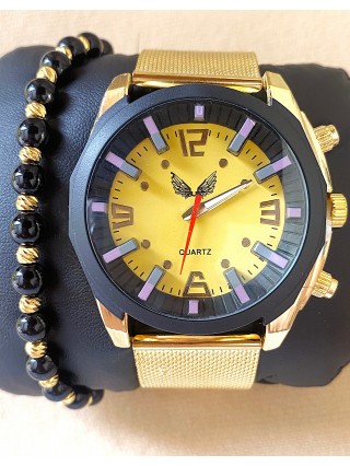 Ceas barbati auriu cu bratara metalica si cadran galben