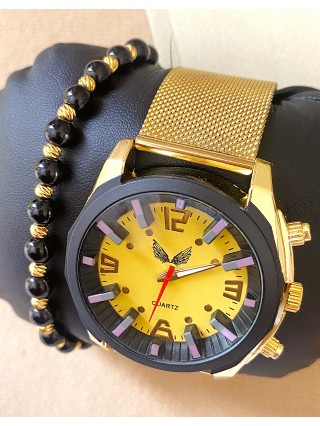 Ceas barbati auriu cu bratara metalica si cadran galben