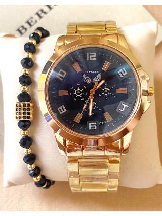 Ceas barbati auriu cu bratara metalica si cadran bleumarin