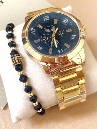 Ceas barbati auriu cu bratara metalica si cadran bleumarin