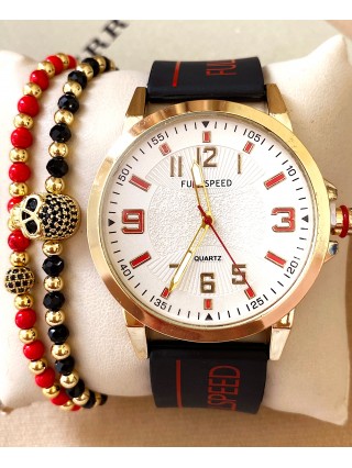 Ceas barbat negru cu bratara din piele ecologica si cadran alb