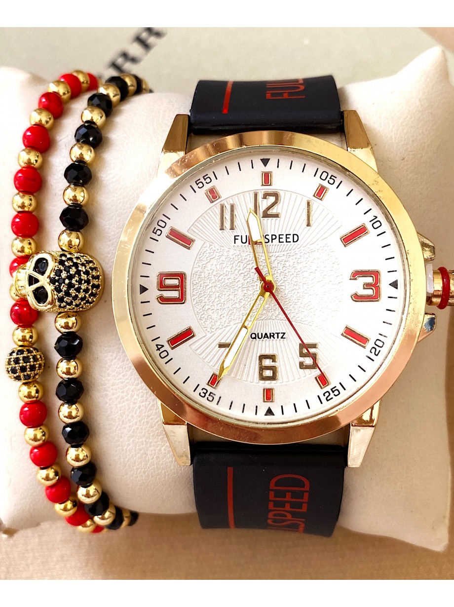 Ceas barbat negru cu bratara din piele ecologica si cadran alb