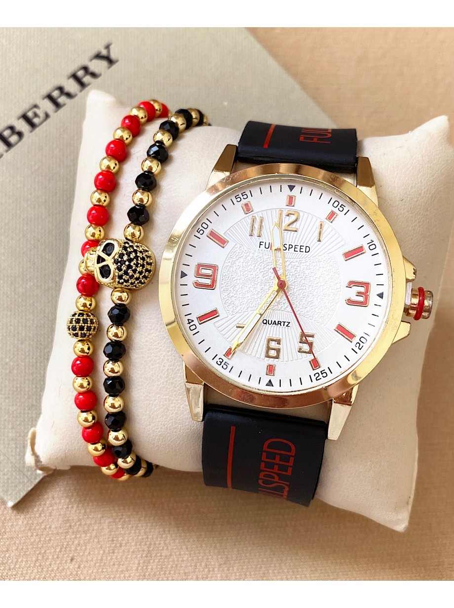 Ceas barbat negru cu bratara din piele ecologica si cadran alb