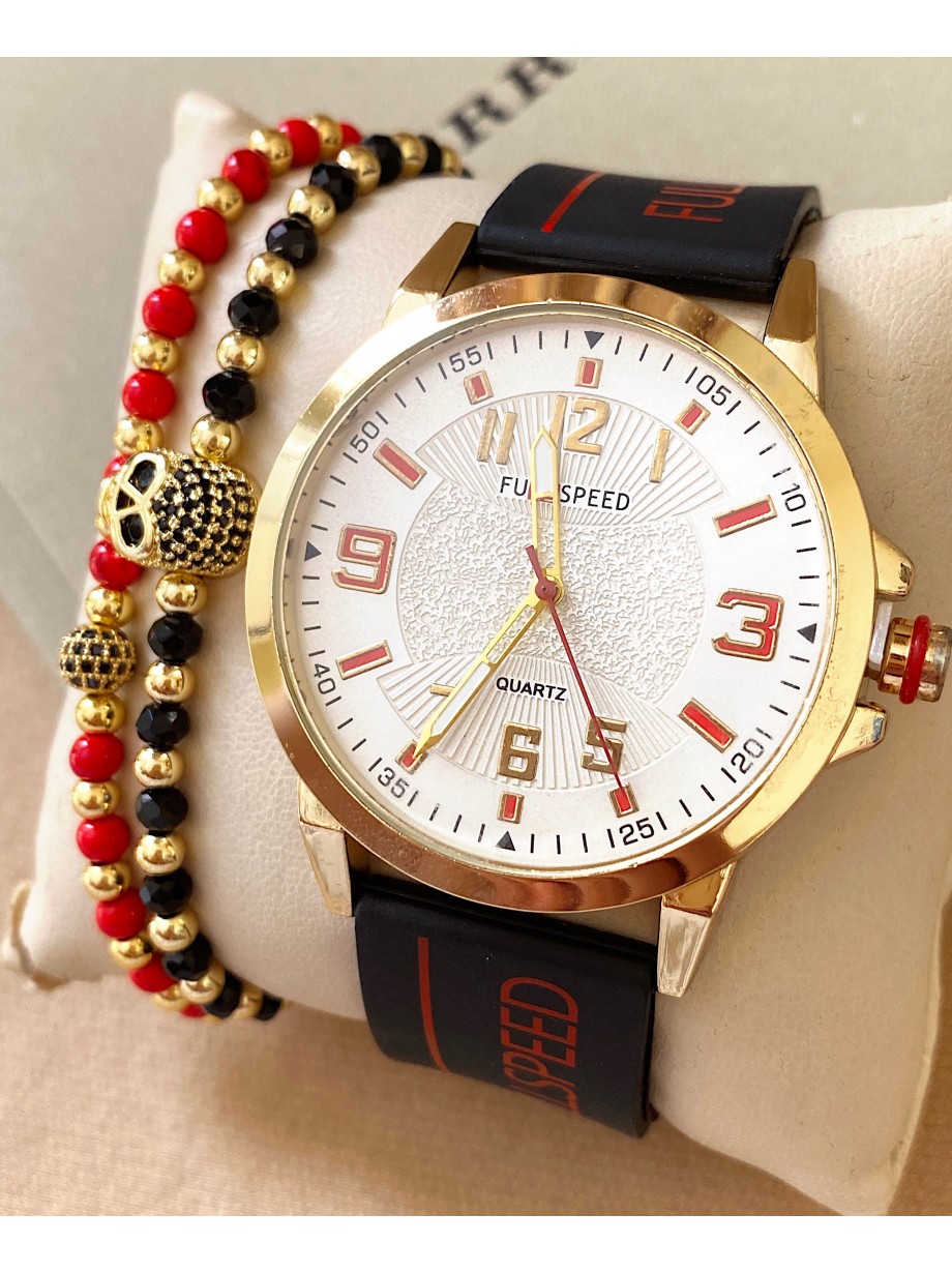 Ceas barbat negru cu bratara din piele ecologica si cadran alb