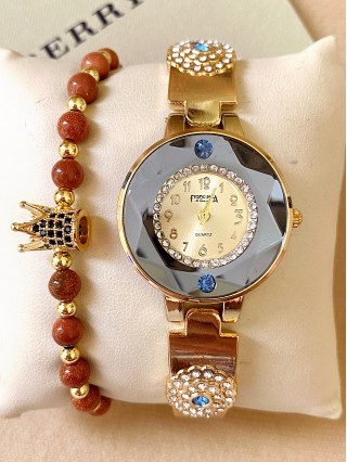 Ceas dama auriu cu bratara metalica si cadran deosebit