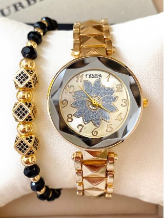 Ceas dama auriu cu bratara metalica si cadran cu soare