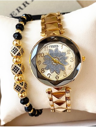 Ceas dama auriu cu bratara metalica si cadran cu soare