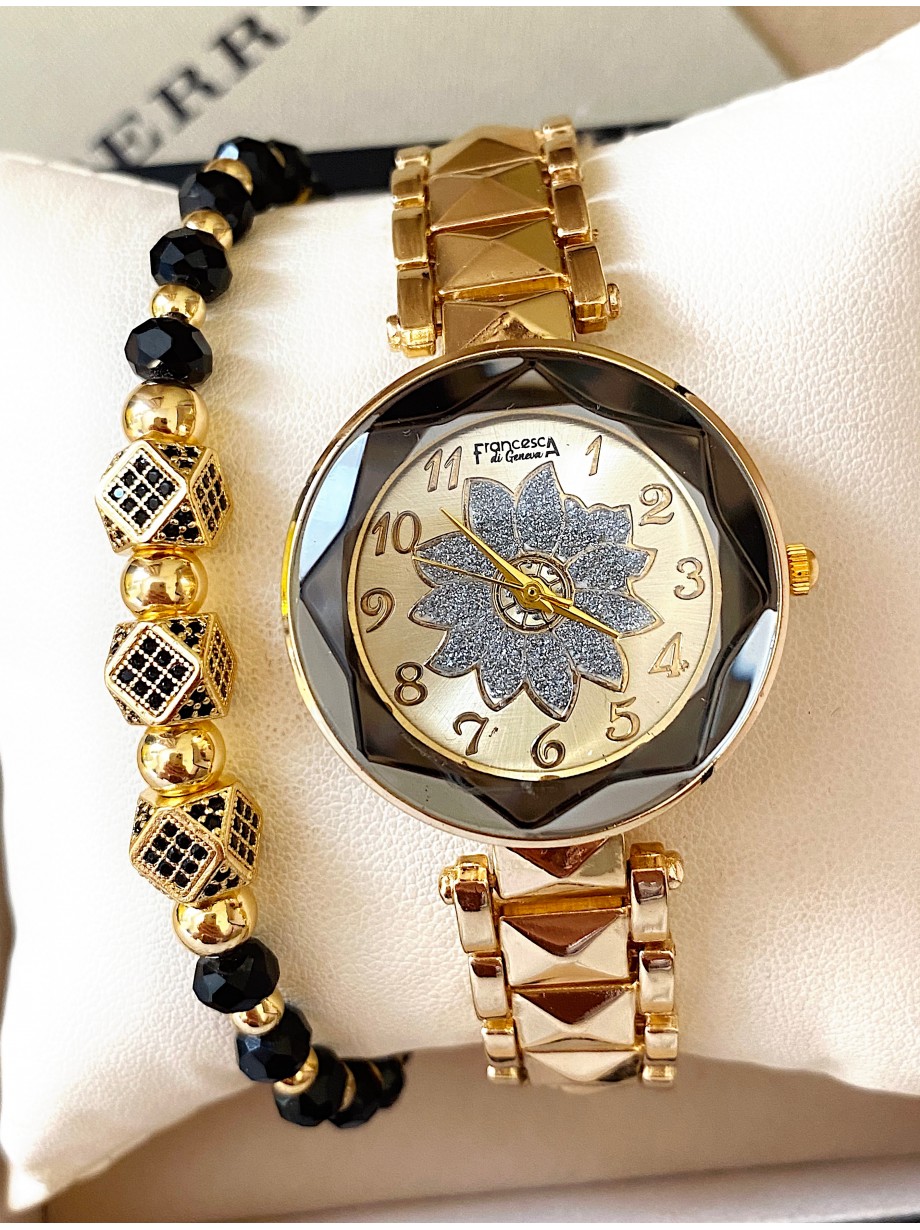 Ceas dama auriu cu bratara metalica si cadran cu soare