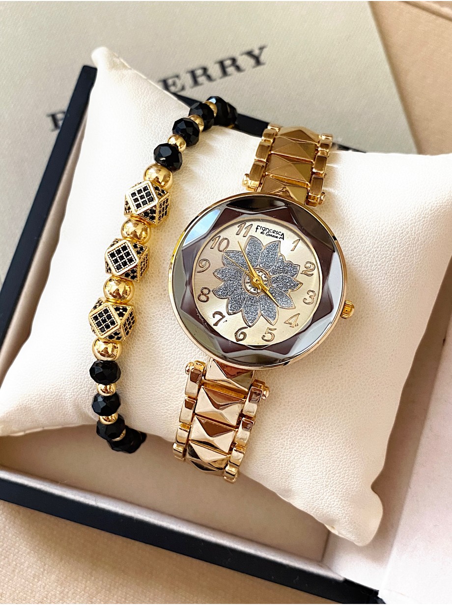 Ceas dama auriu cu bratara metalica si cadran cu soare