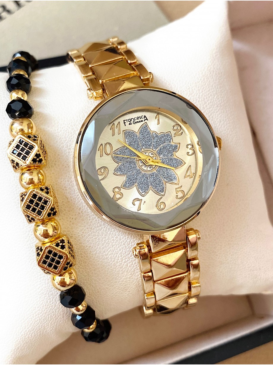 Ceas dama auriu cu bratara metalica si cadran cu soare