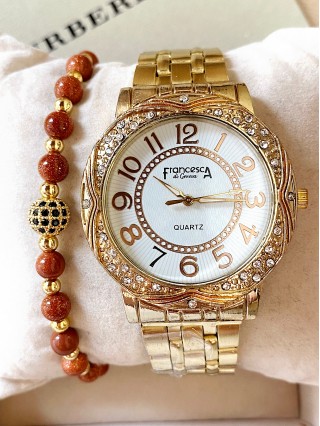 Ceas dama auriu cu bratara metalica si cadran alb