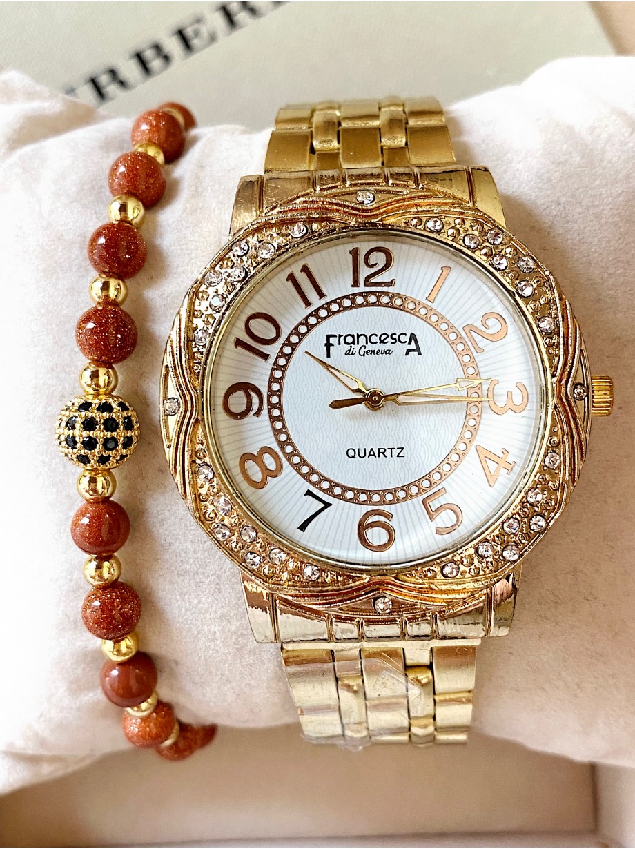 Ceas dama auriu cu bratara metalica si cadran alb