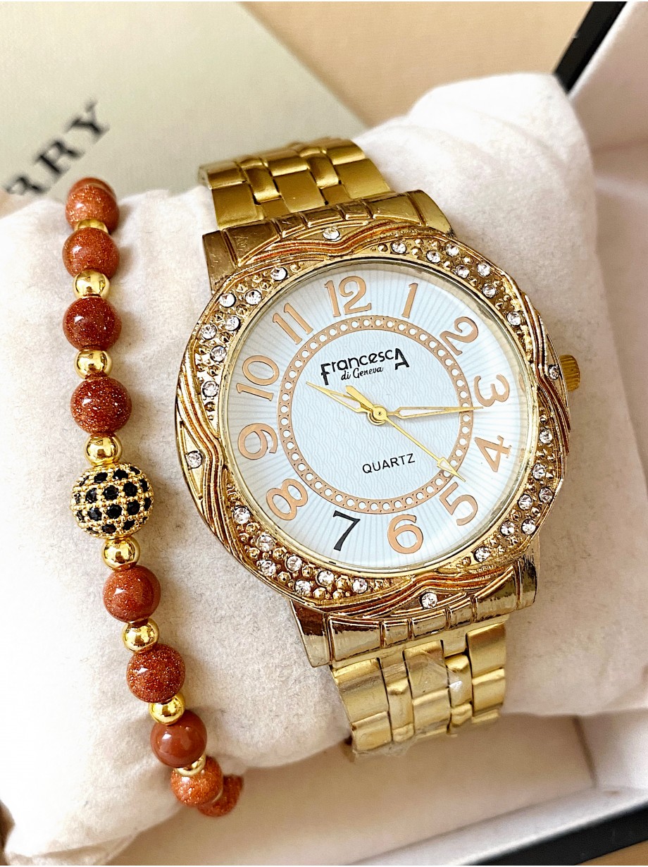 Ceas dama auriu cu bratara metalica si cadran alb