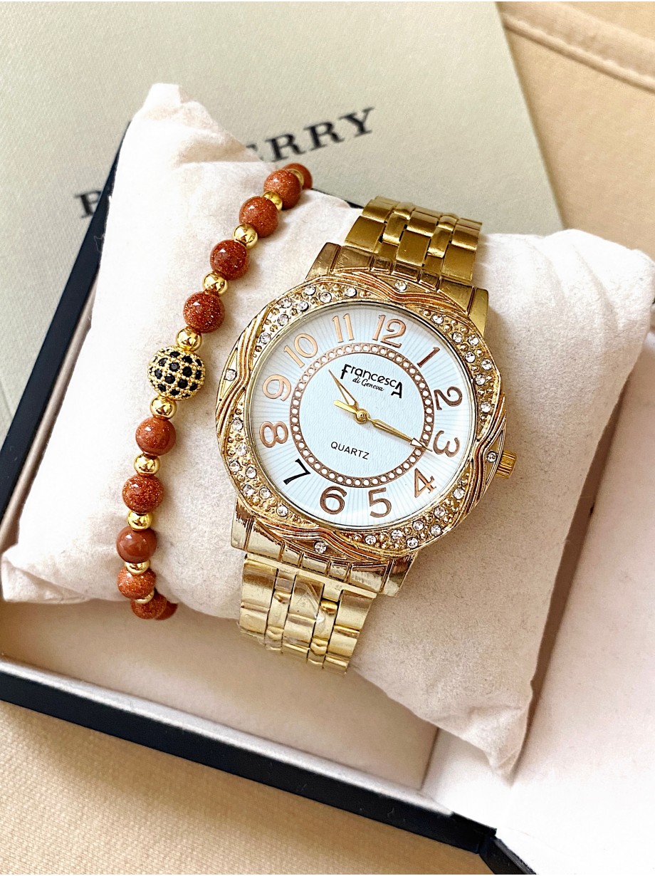 Ceas dama auriu cu bratara metalica si cadran alb