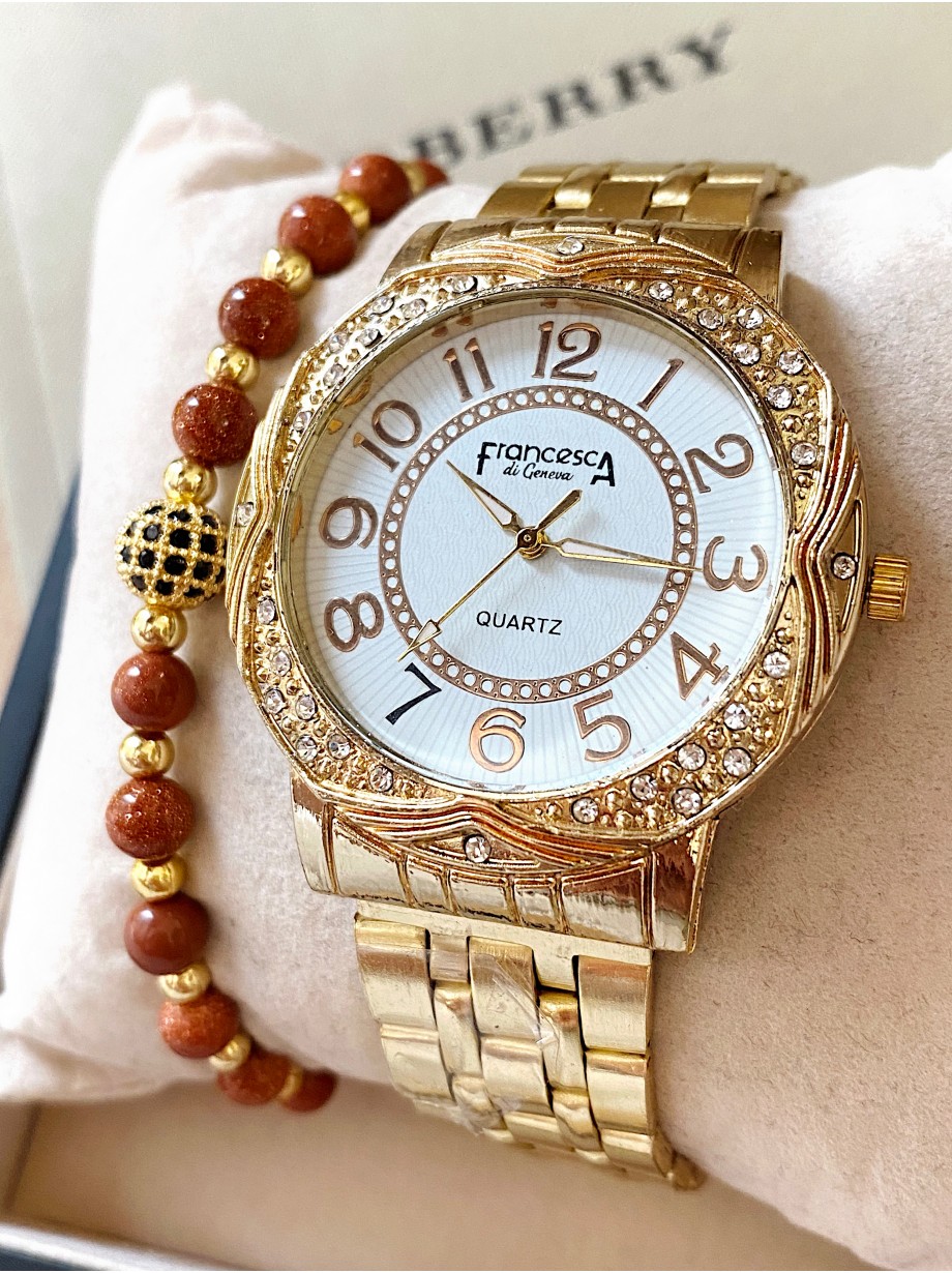 Ceas dama auriu cu bratara metalica si cadran alb